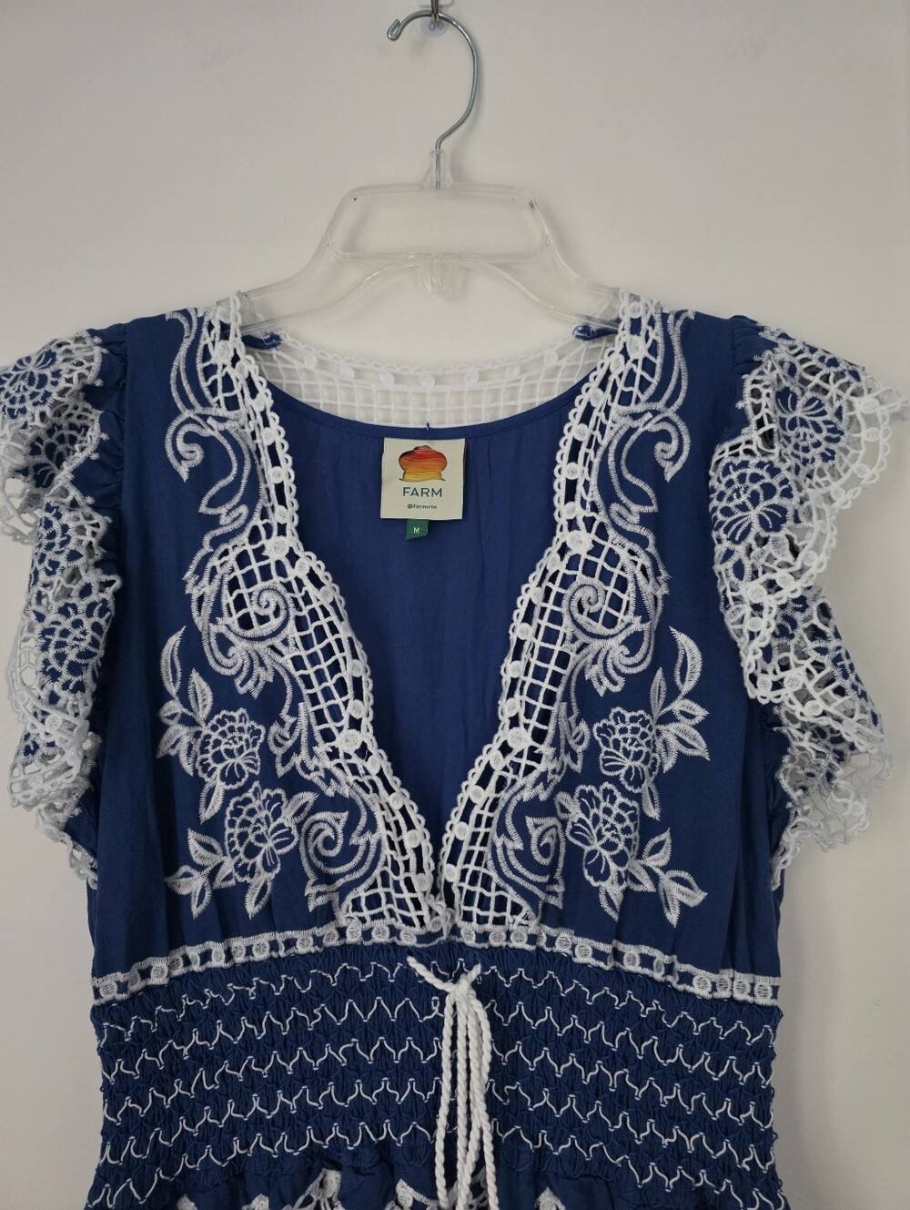 Farm Rio Boho Lace-Trim Maxi Dress Womans M Blue & White Eyelet - Picture 5 of 16